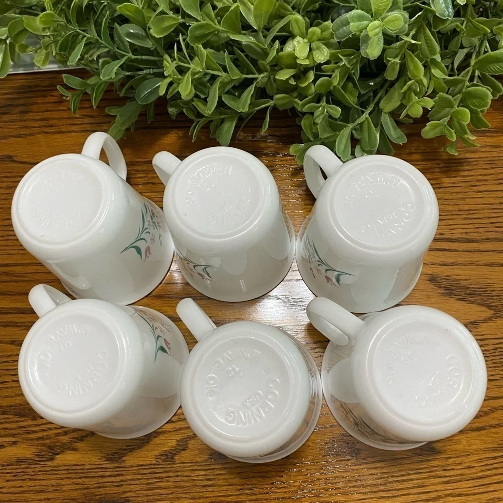 VTG Corningware Rosemarie Pink Tulip D Handle Coffee Mug Set of 6 Cup Floral USA